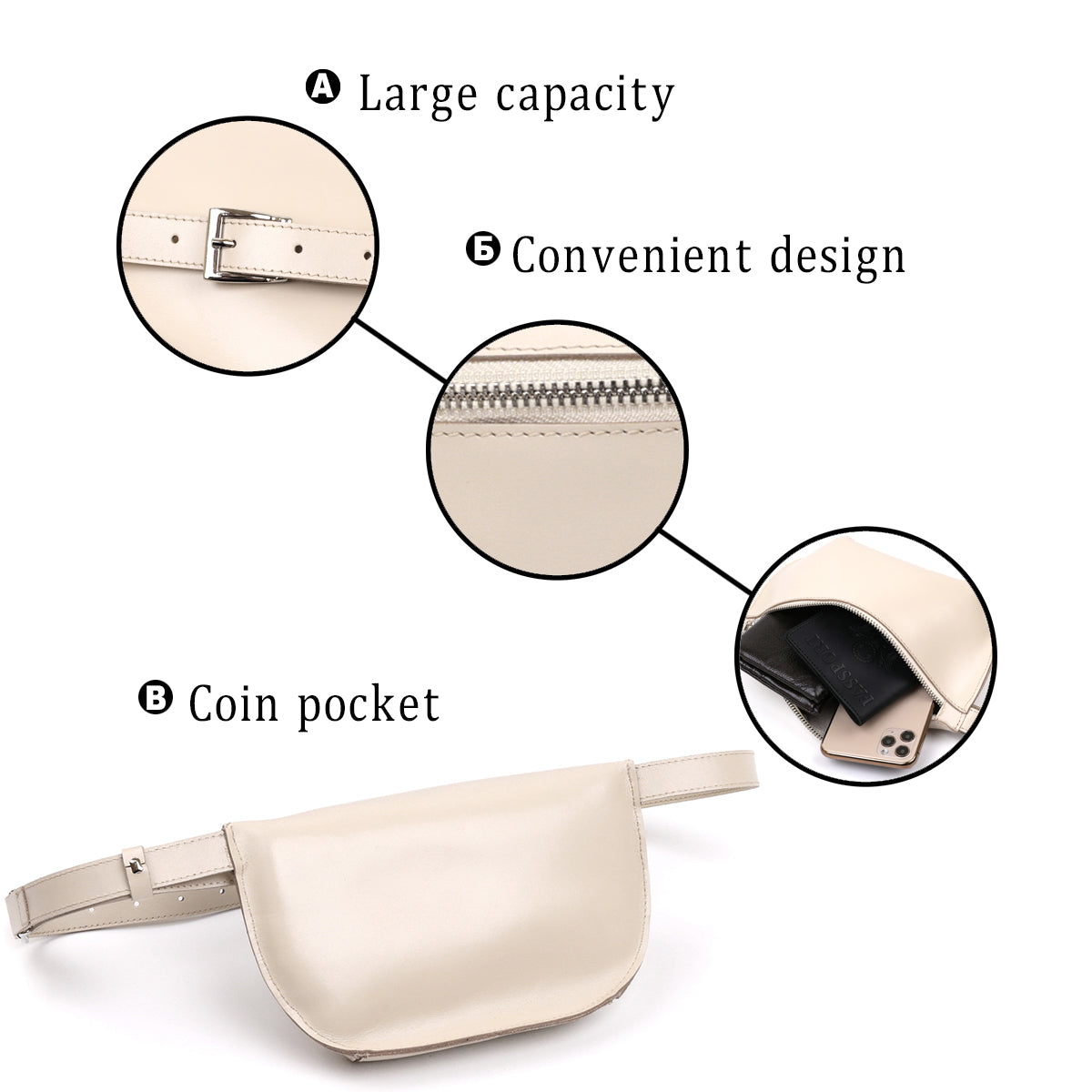 Stylish Women's Leather Fanny Pack SHVIGEL 16391 Beige Genuine Leather Design