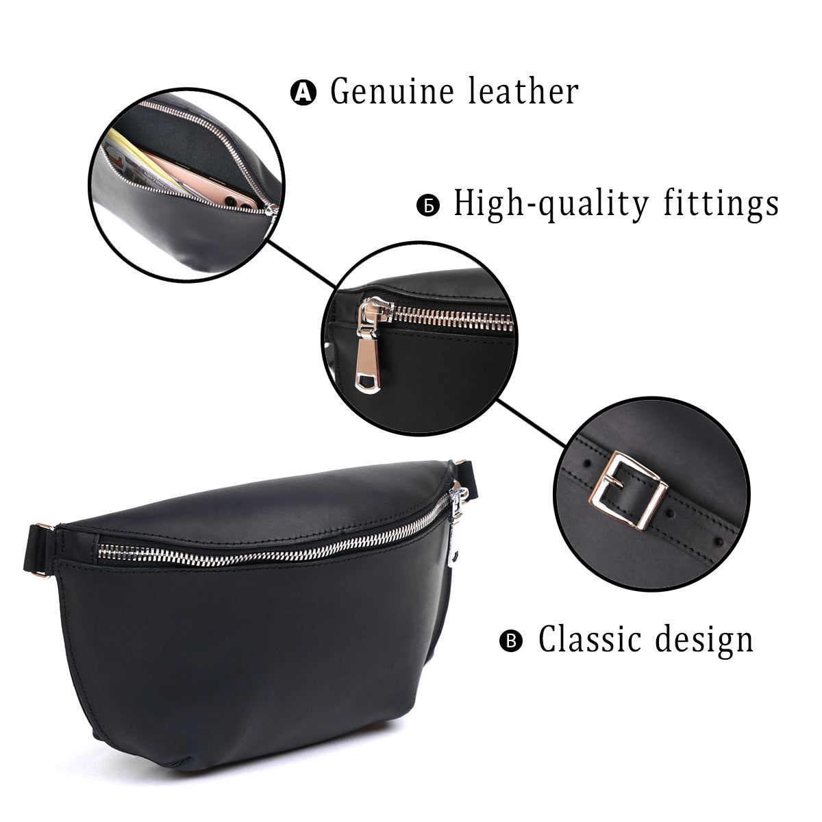 Vintage Women's Waist Bag SHVIGEL 16394 Black Genuine Leather Stylish Design