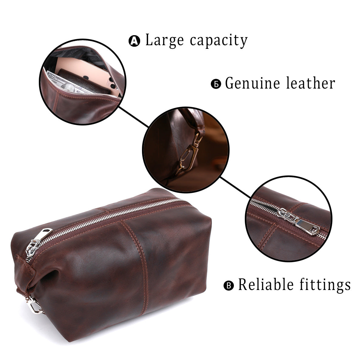 Vintage Leather Cosmetic Bag SHVIGEL 16398 Brown - Natural Leather, Made in Ukraine