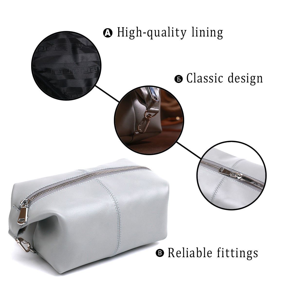 Practical Leather Cosmetic Bag SHVIGEL 16404 Gray Natural Leather Material