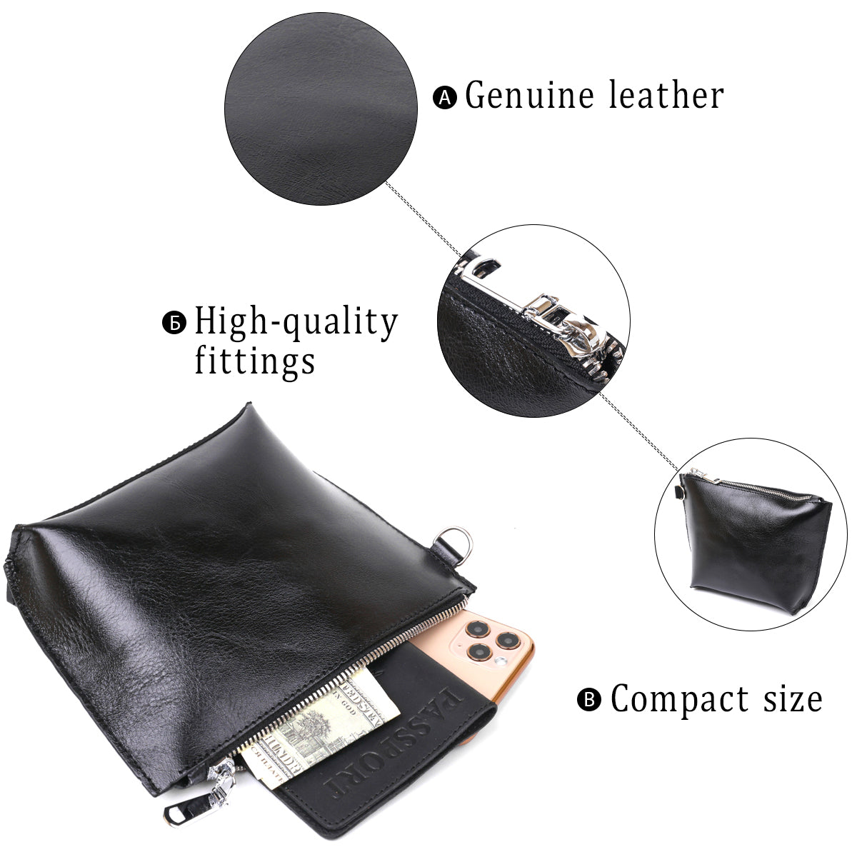 Comfortable Leather Cosmetic Bag SHVIGEL 16409 Black Natural Leather, Made in Ukraine
