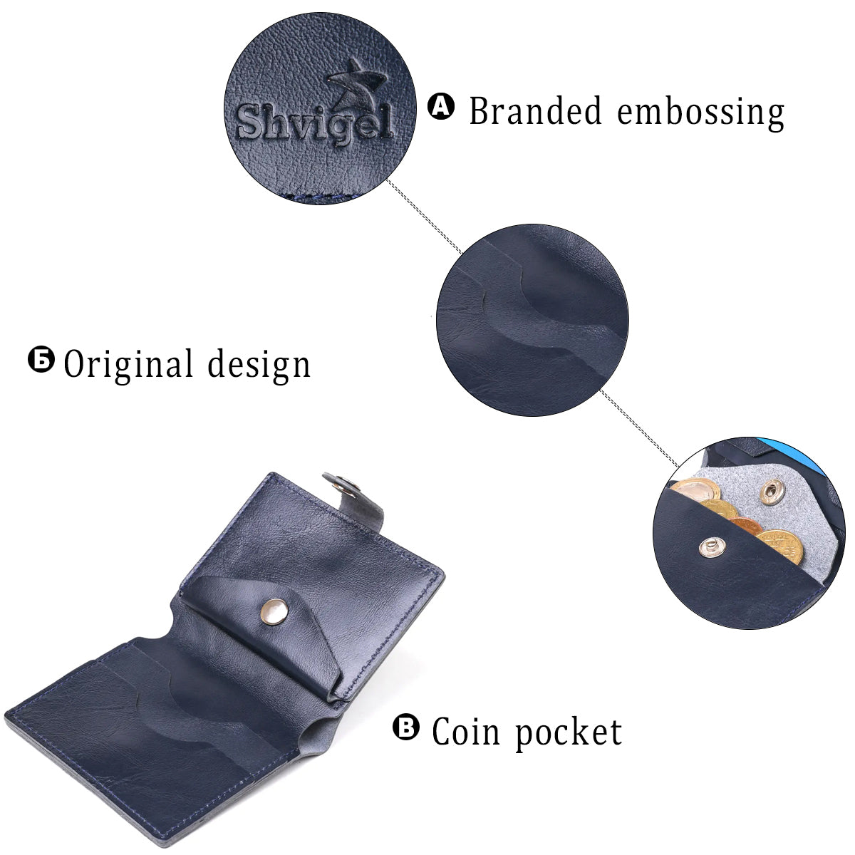 Compact Stylish Wallet SHVIGEL 16486 Blue - Genuine Leather, Made in Ukraine