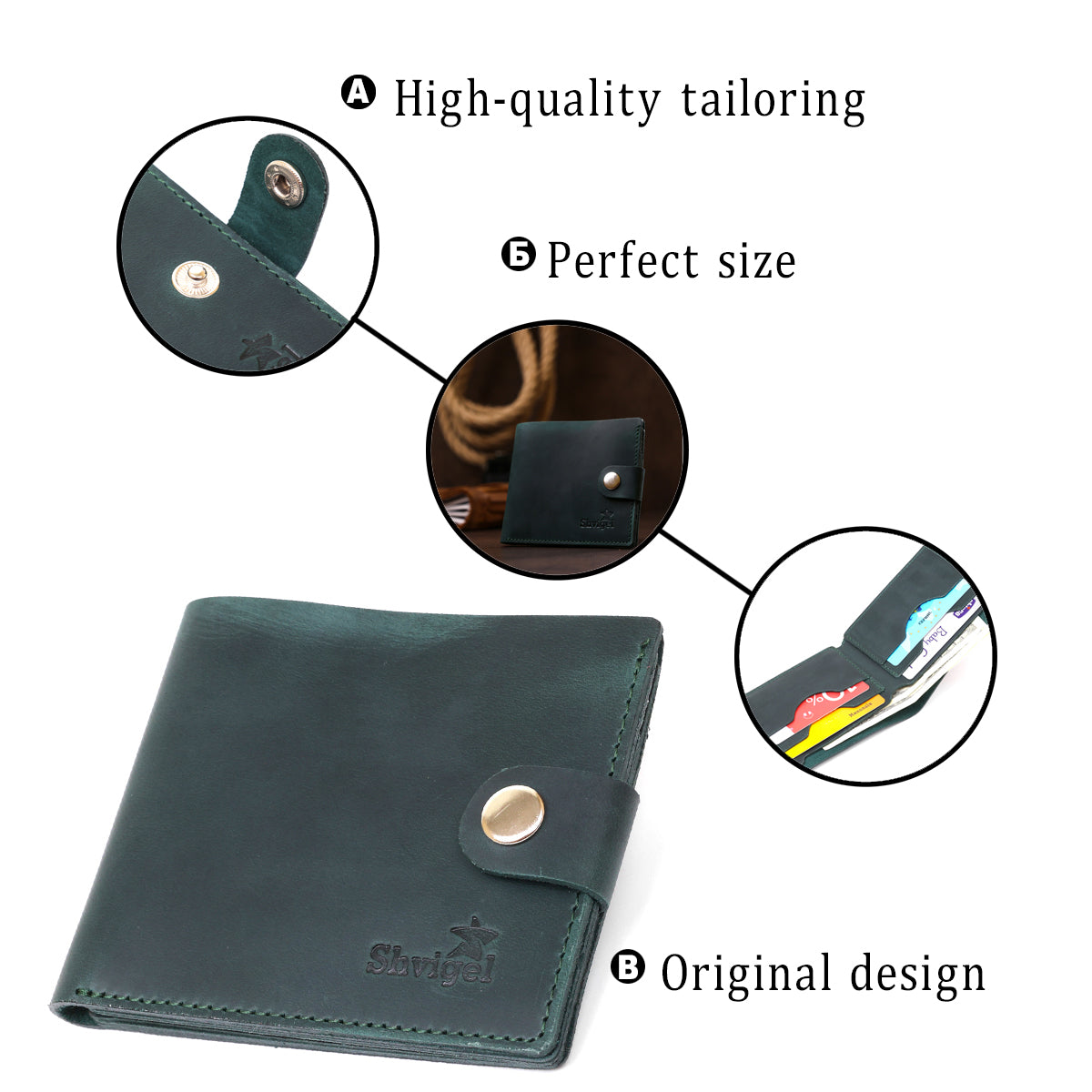 Fashionable Vintage Wallet SHVIGEL 16498 Green Genuine Leather, Ukraine Made