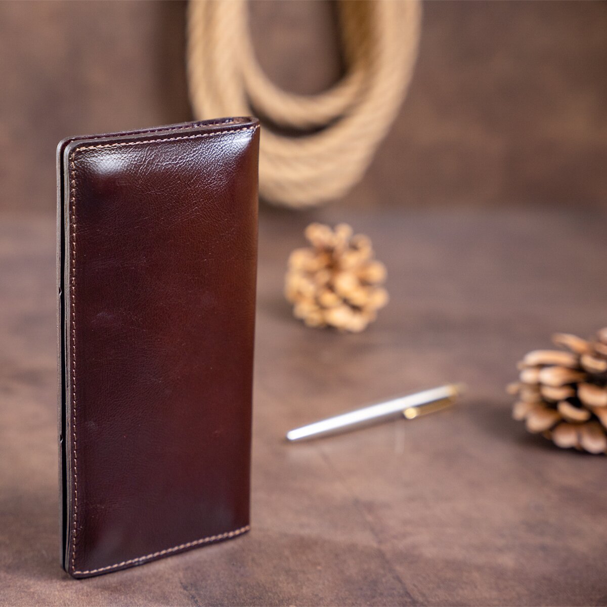 Men's Vertical Wallet SHVIGEL 16193 Brown Genuine Leather with Two Buttons from Ukraine