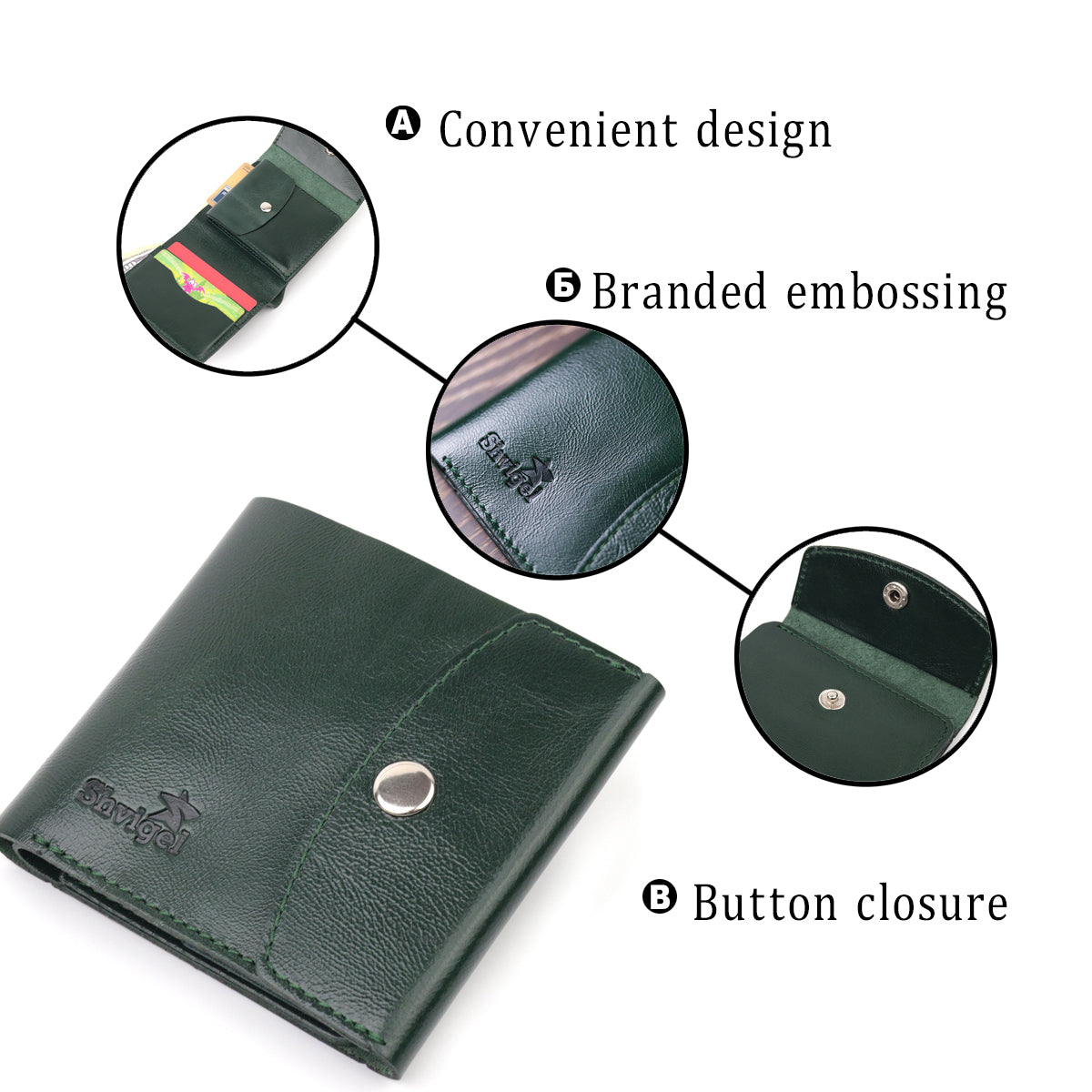Universal Leather Wallet SHVIGEL 16619 Green Made in Ukraine, Genuine Leather