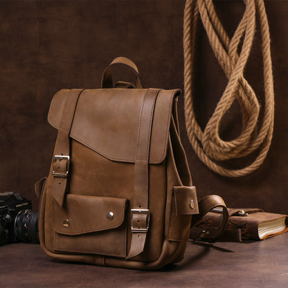 Unisex Crazy Horse Leather Backpack by SHVIGEL Model 13948 in Brown – Made in Ukraine, Natural Leather
