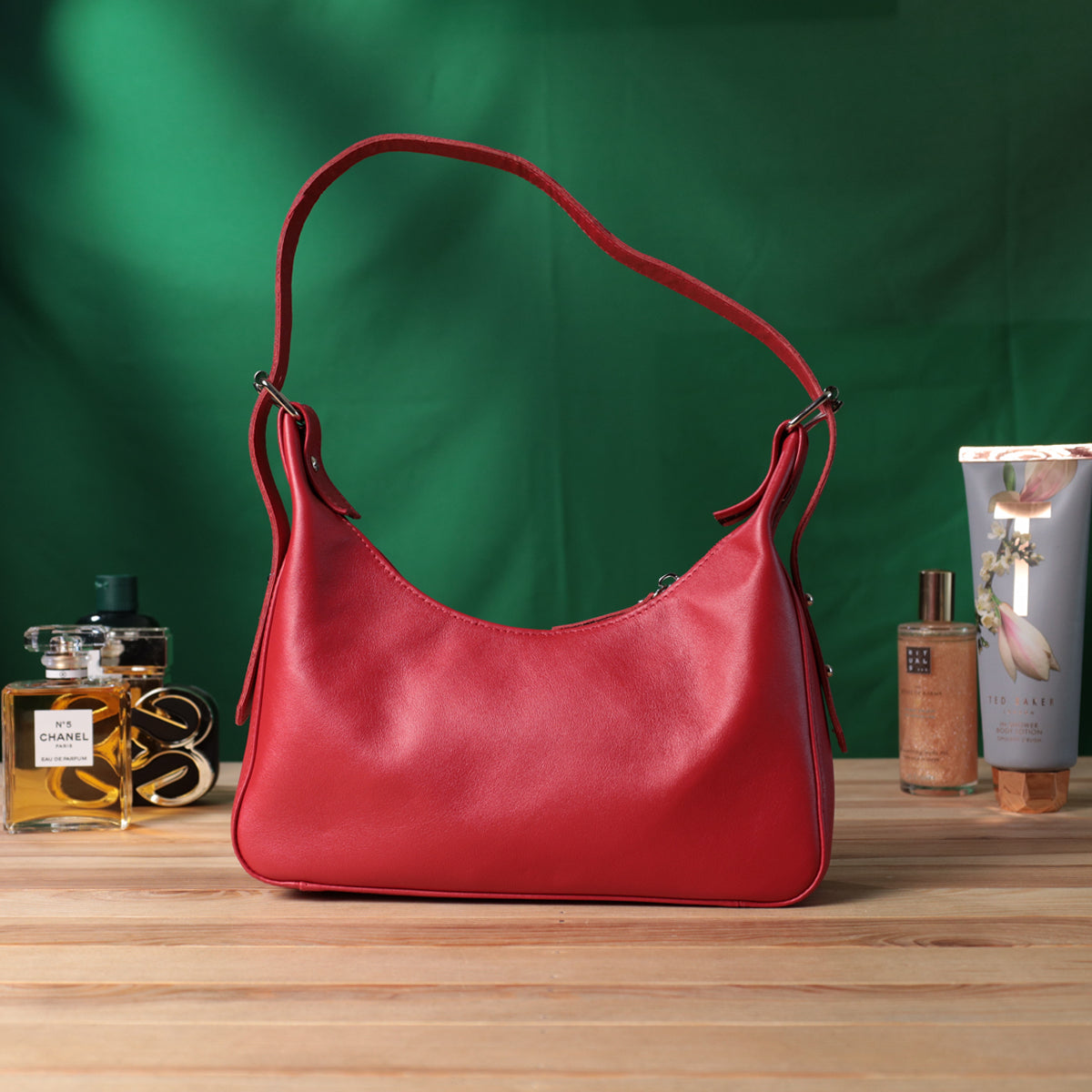 Bright Leather Baguette Bag with Adjustable Strap SHVIGEL 22832 Red, Made in Ukraine