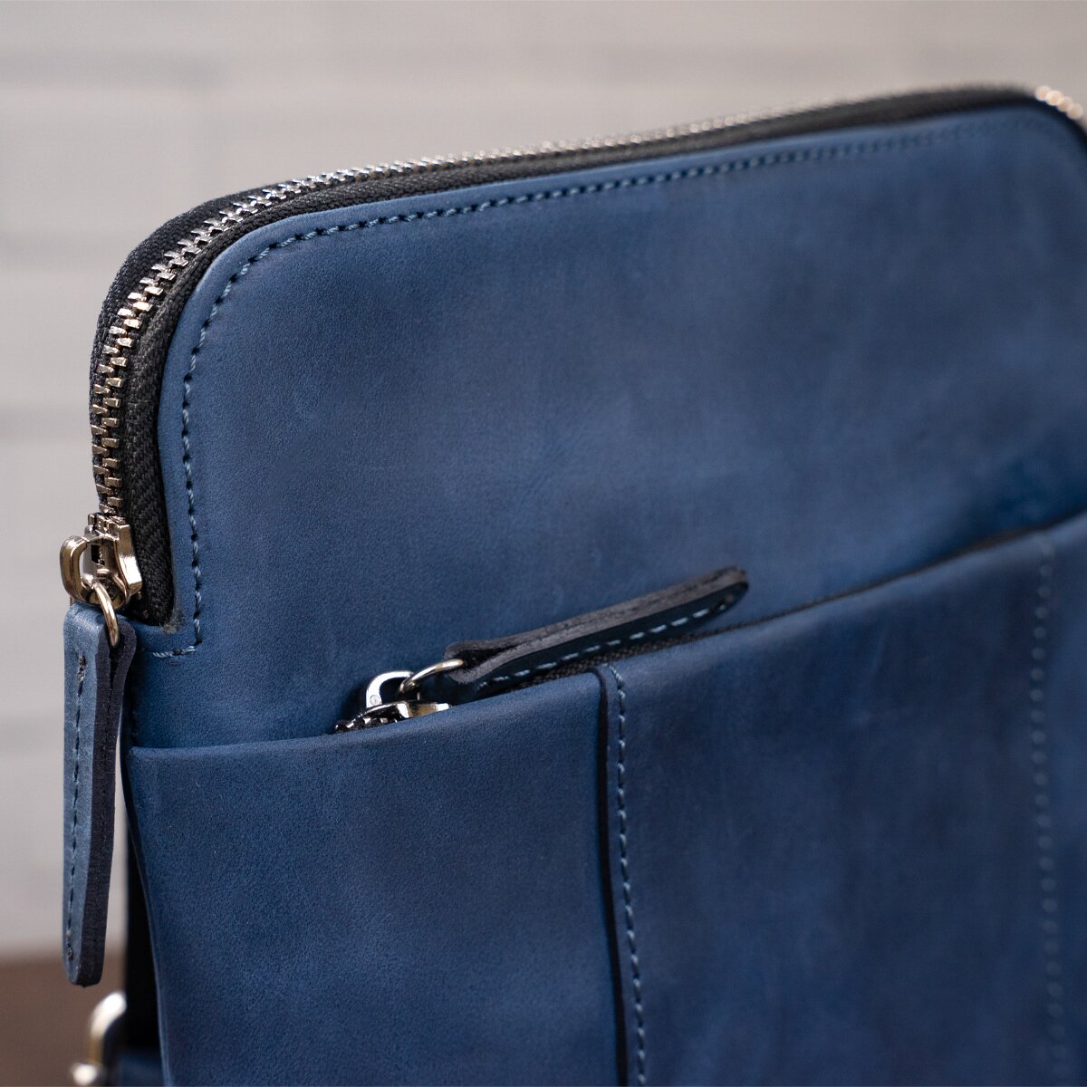 Stylish Men's Vintage Leather Messenger Bag SHVIGEL 11179 Blue, Made in Ukraine, High Quality Genuine Leather