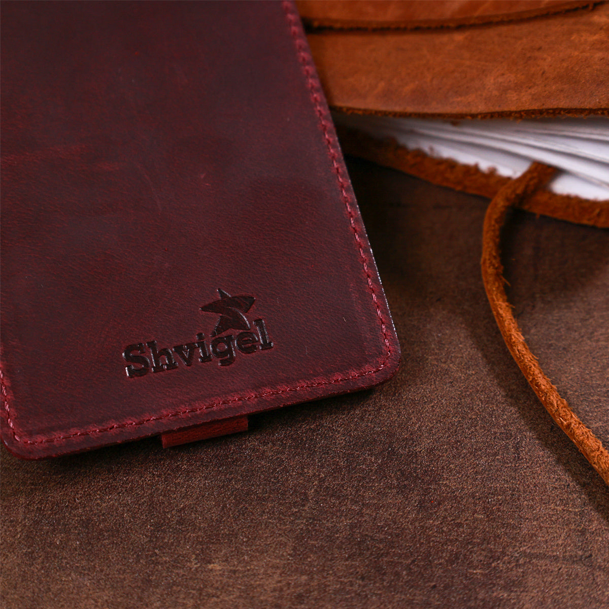 Vintage Matte Leather Luggage Tag SHVIGEL 16558 Burgundy Natural Leather