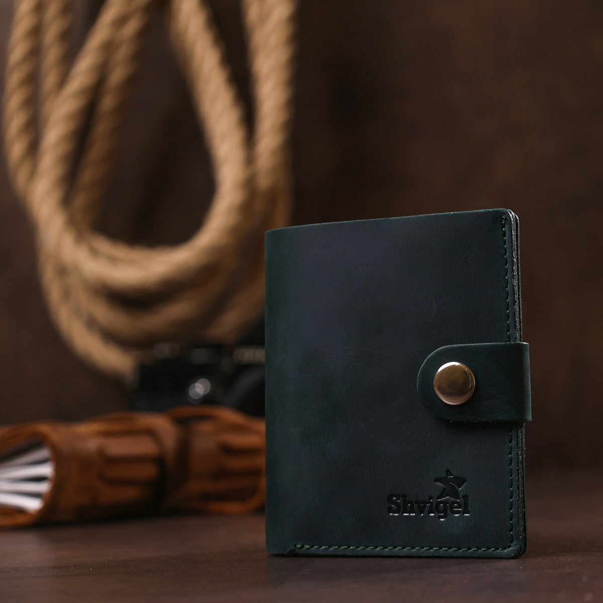 Unisex Mat Wallet SHVIGEL 16477 Green Natural Leather from Ukraine
