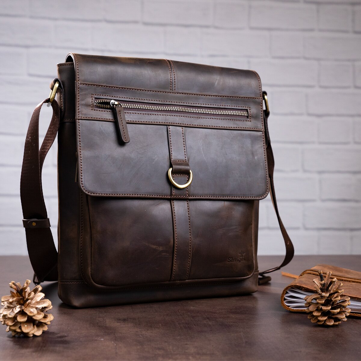Men's Leather Bag SHVIGEL 11113 Brown Genuine Leather Handmade in Ukraine