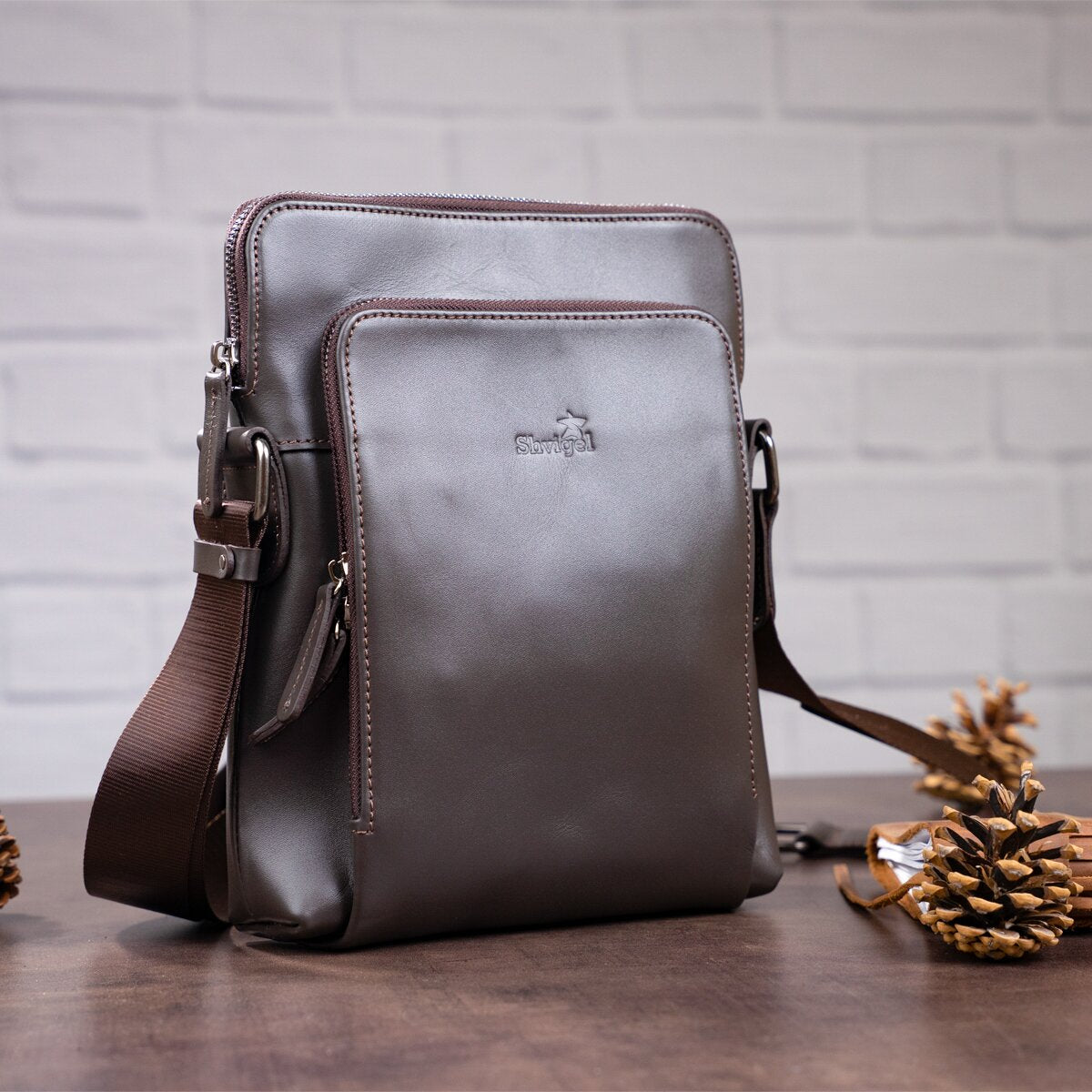Men's Leather Bag SHVIGEL 11100 Brown Natural Leather Handcrafted in Ukraine