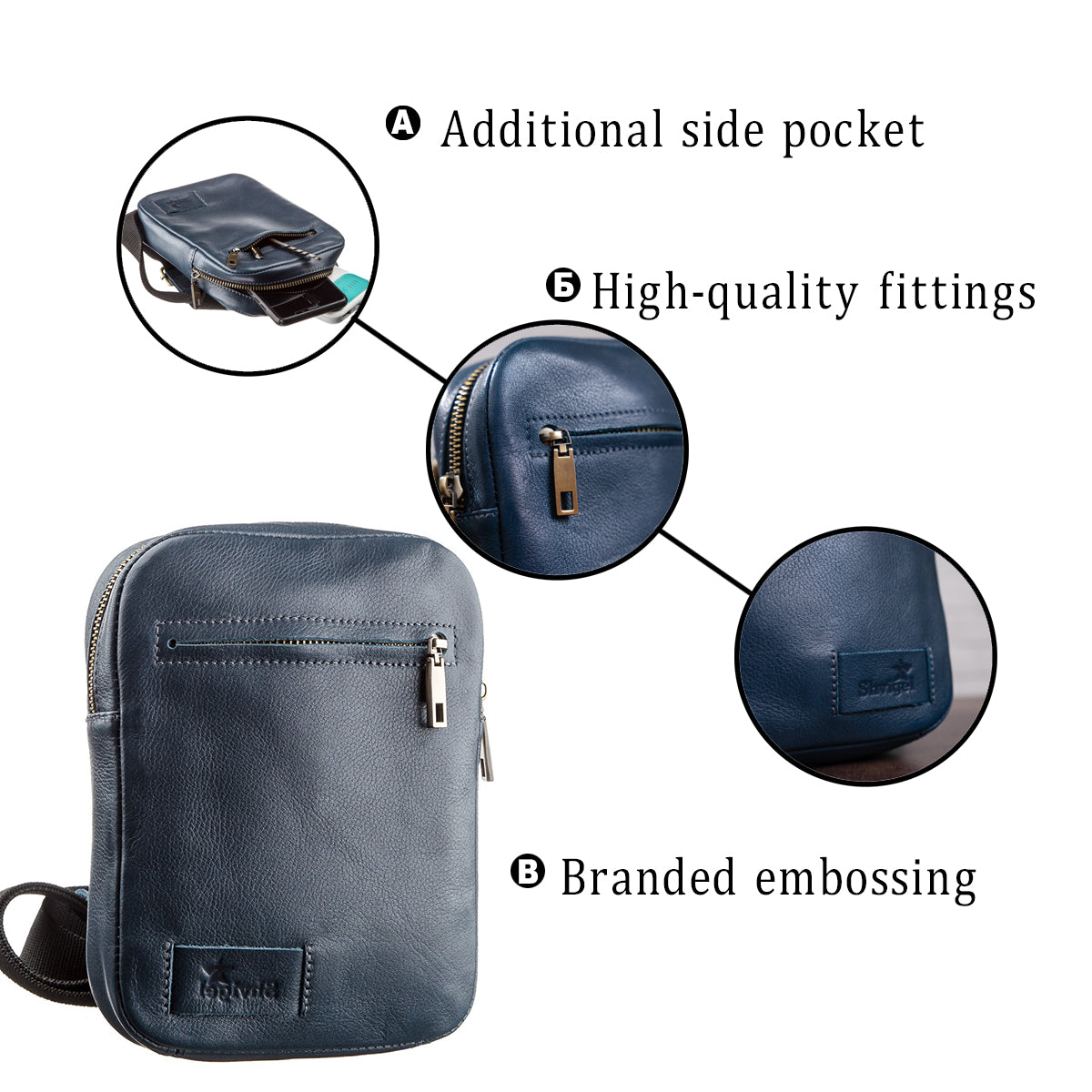 Men's Leather Bag SHVIGEL 19105 Blue Natural Leather Handmade in Ukraine