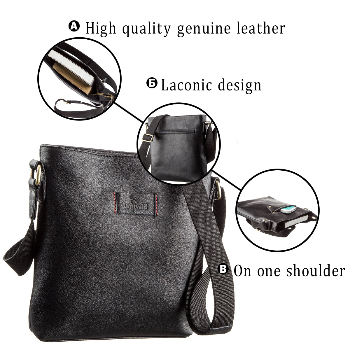 Men's SHVIGEL Leather Unclasped Bag 19119 Black - Genuine Leather, Ukraine Made