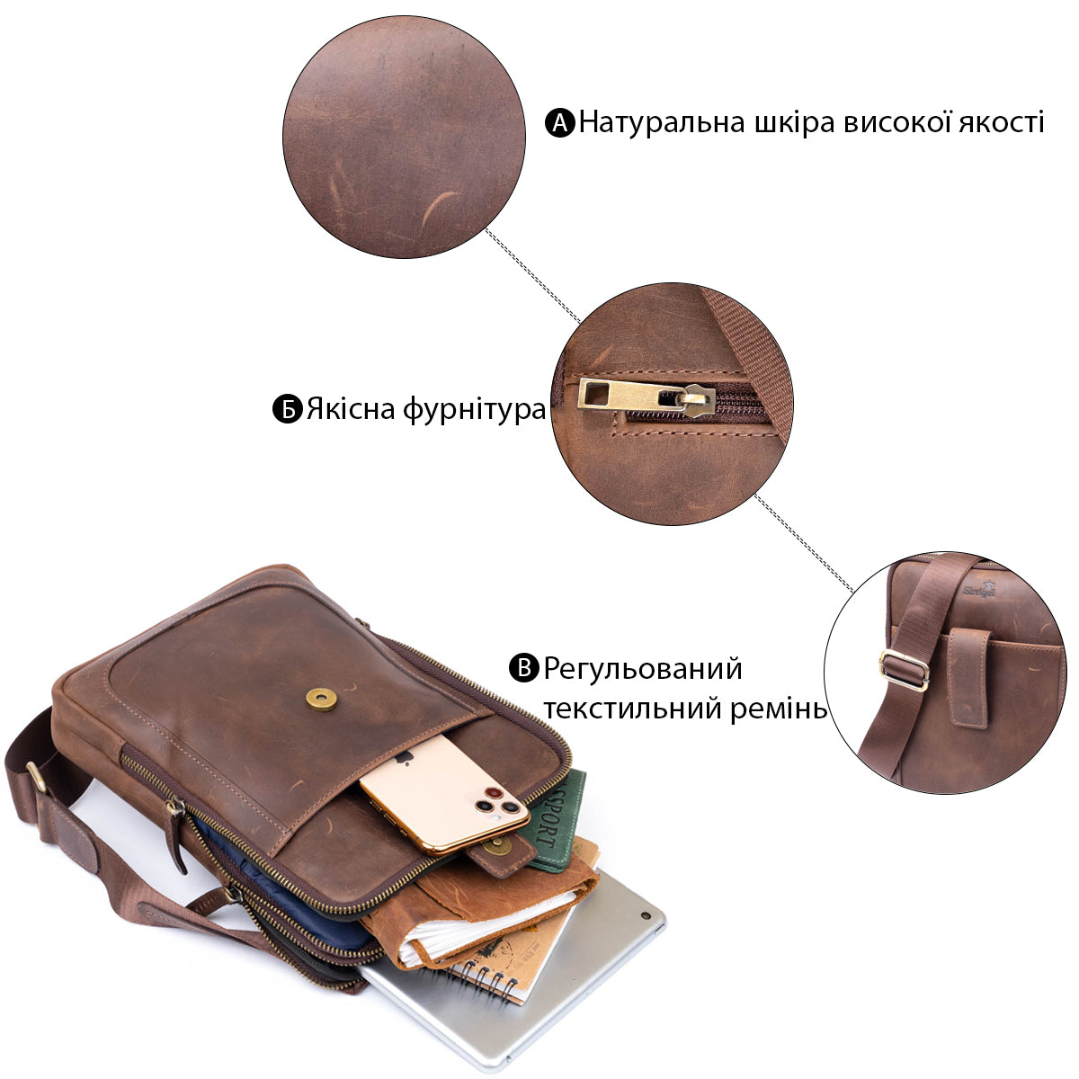 Men's Leather Tablet Bag SHVIGEL 11285 Brown with Two Compartments, Ukrainian Crafted