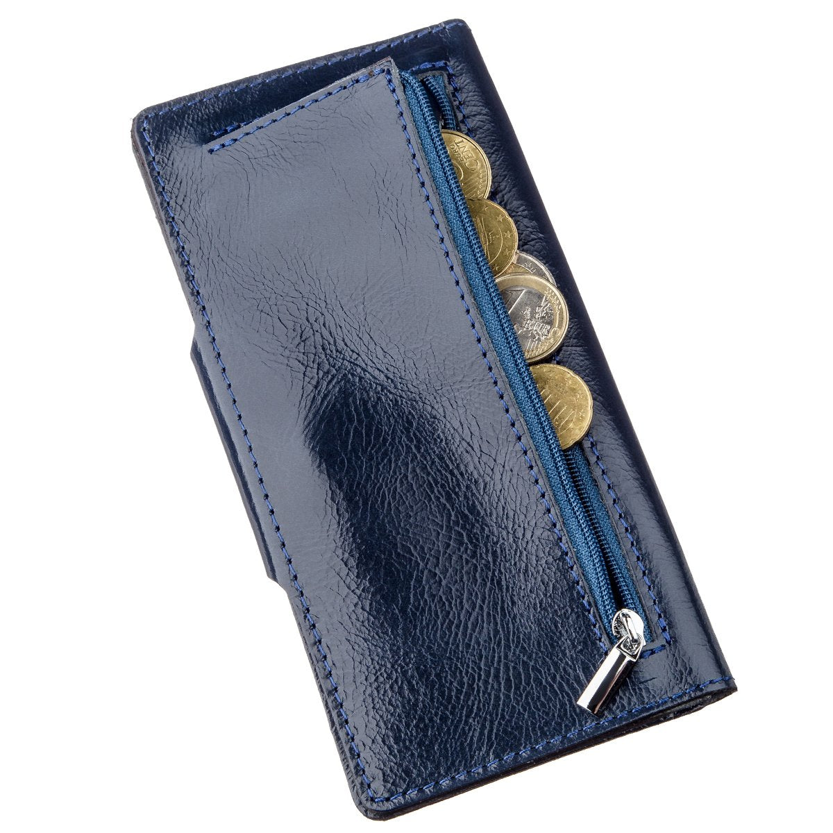 Unisex Vertical Wallet SHVIGEL 16174 Blue Alcor Leather with Snap Closure