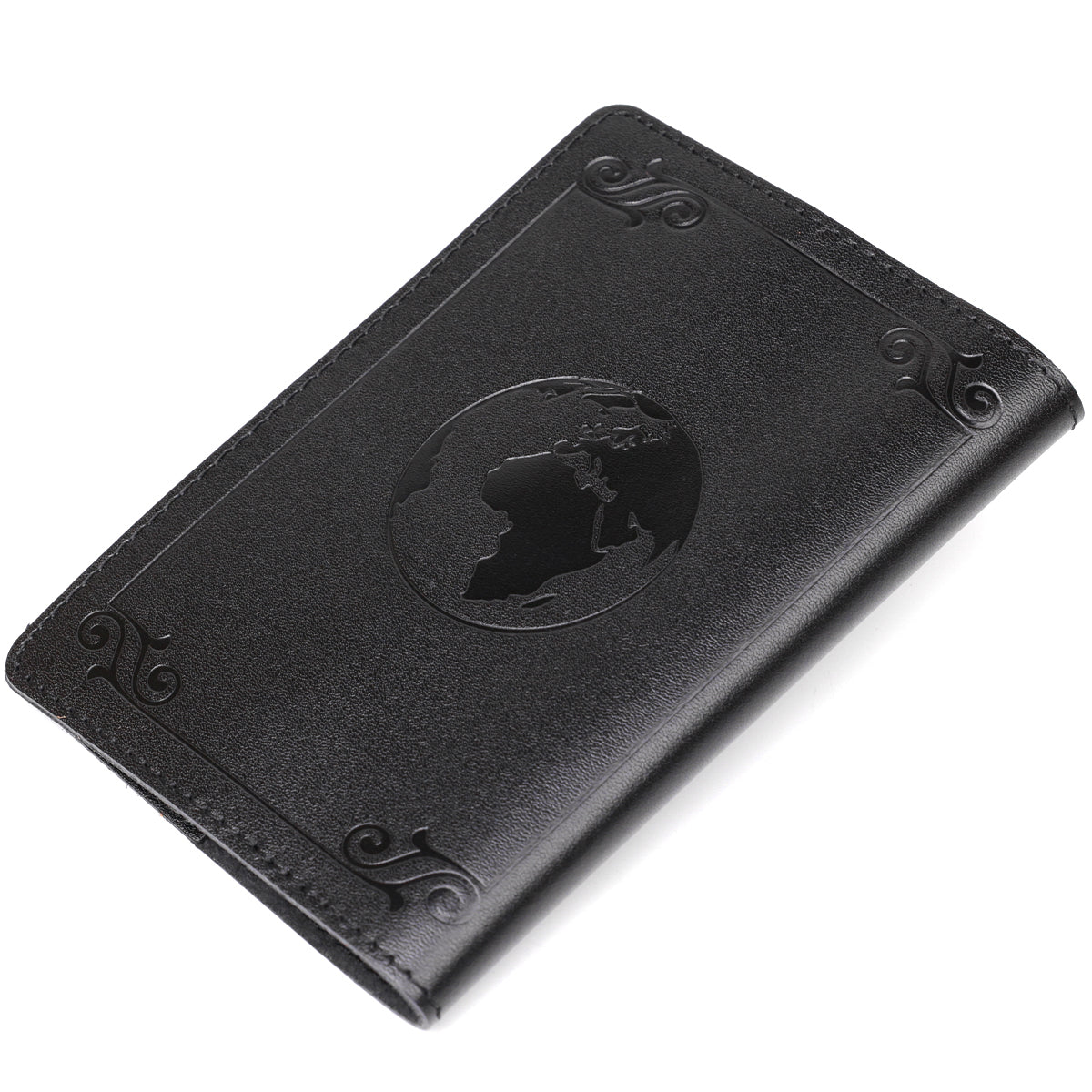 Leather Passport Cover with Map and Frame SHVIGEL 13982 in Black - Made in Ukraine, Genuine Leather Design