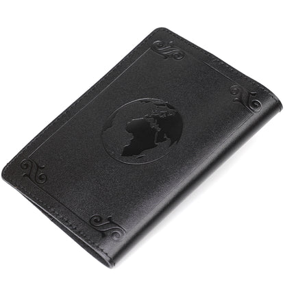 Leather Passport Cover with Map and Frame SHVIGEL 13982 in Black - Made in Ukraine, Genuine Leather Design
