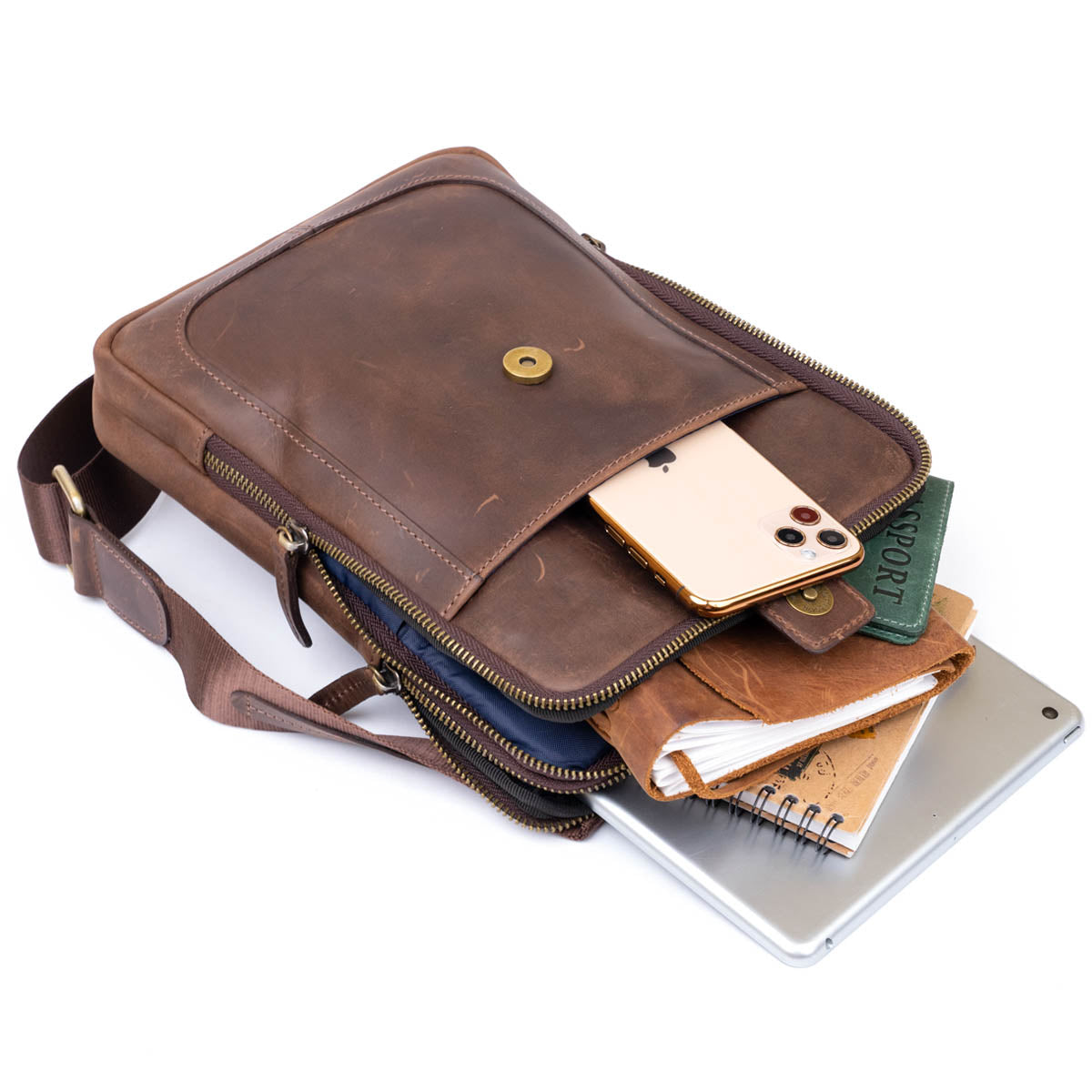 Men's Leather Tablet Bag SHVIGEL 11285 Brown with Two Compartments, Ukrainian Crafted