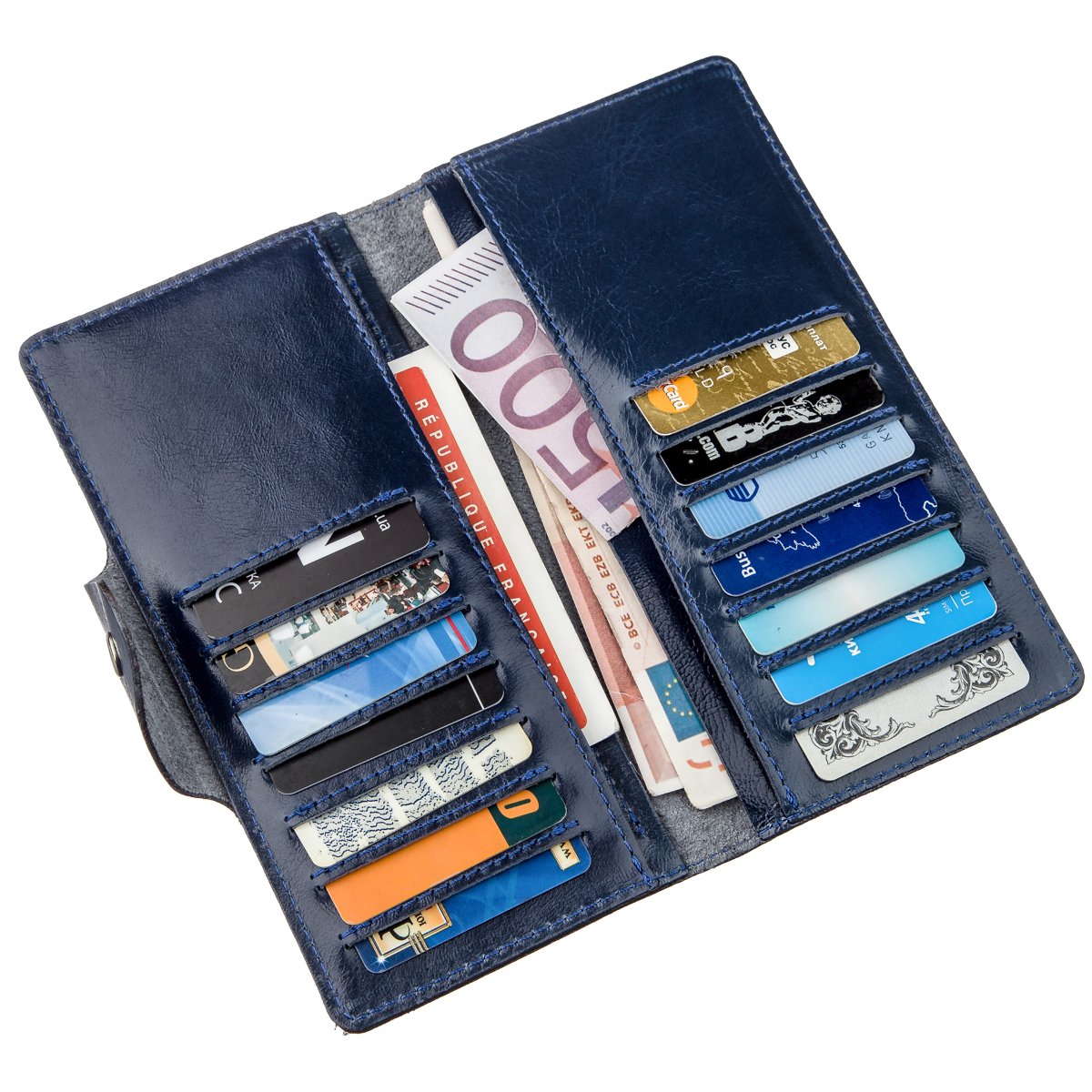 Unisex Vertical Wallet SHVIGEL 16174 Blue Alcor Leather with Snap Closure