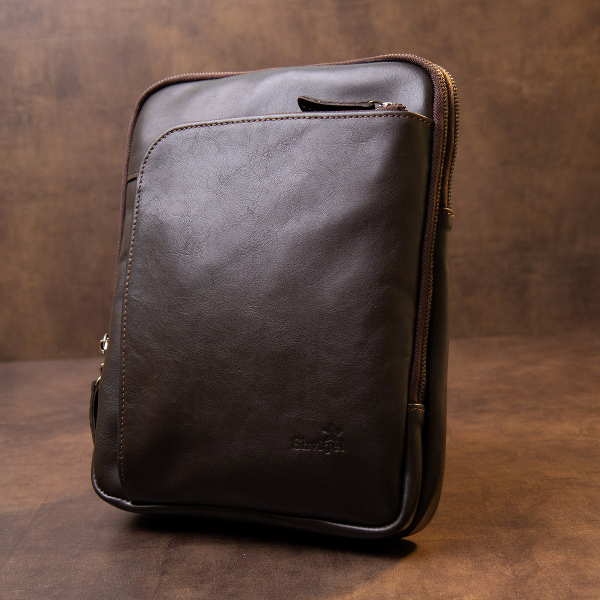 Stylish Tablet Bag SHVIGEL 11282 Brown Smooth Leather with Zipper Pocket