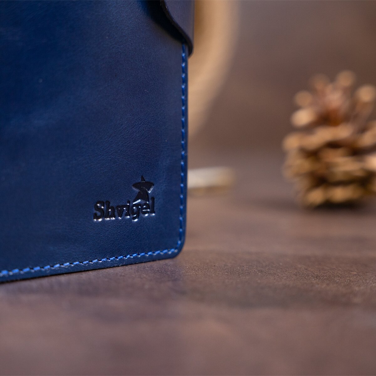 Unisex Leather Wallet SHVIGEL 16170 Blue Alcor with Buttons - Genuine Leather from Ukraine