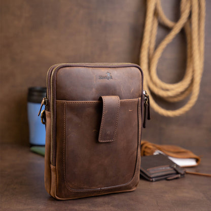 Men's Leather Tablet Bag SHVIGEL 11285 Brown with Two Compartments, Ukrainian Crafted