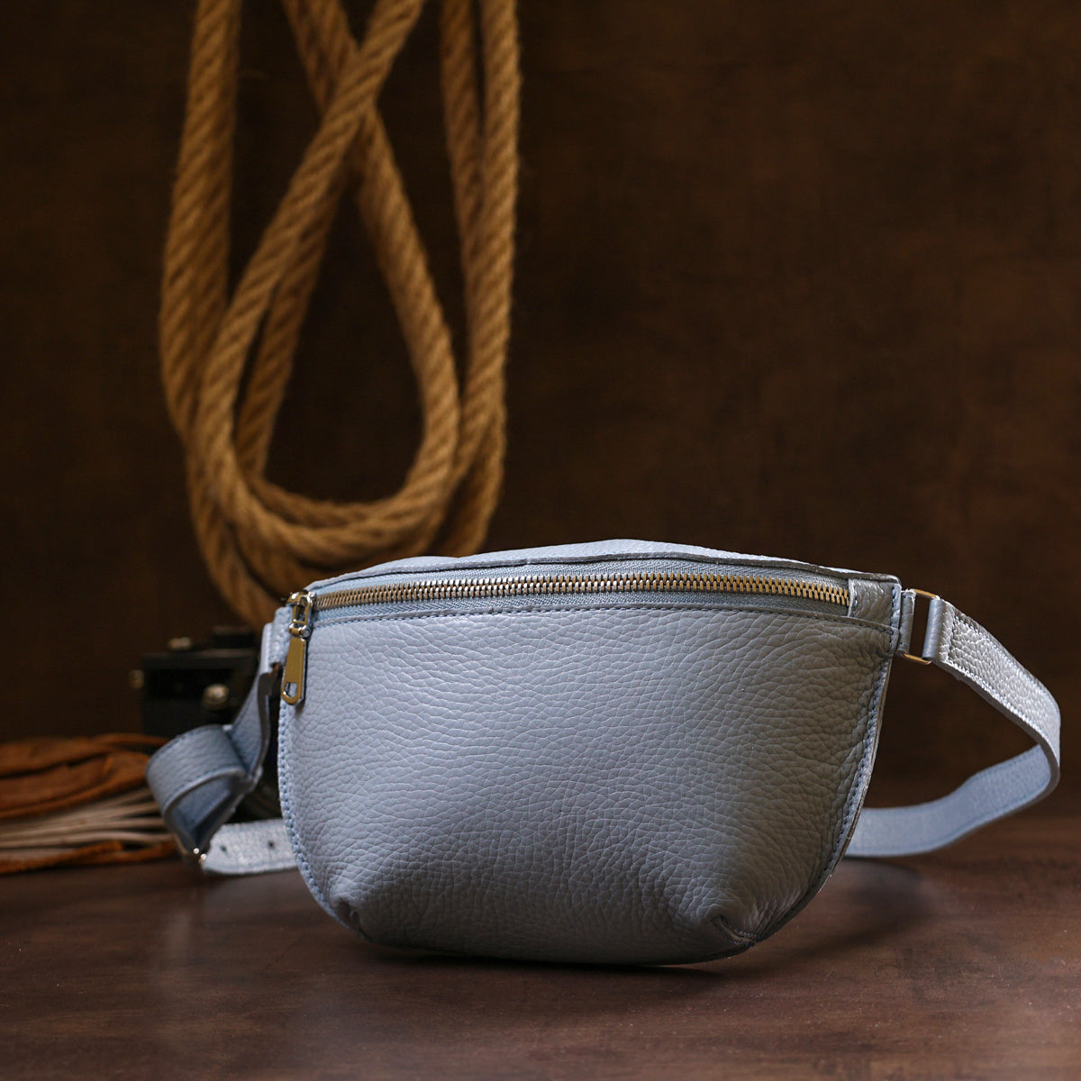 Comfortable SHVIGEL Leather Women's Belt Bag 16374 in Blue - Made in Ukraine