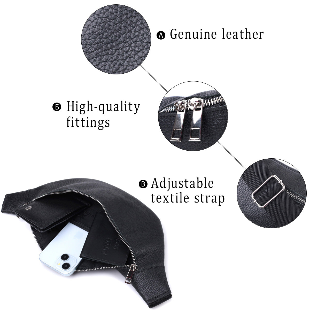 Unisex Leather Bum Bag SHVIGEL 22824 Black - Stylish Natural Leather Design