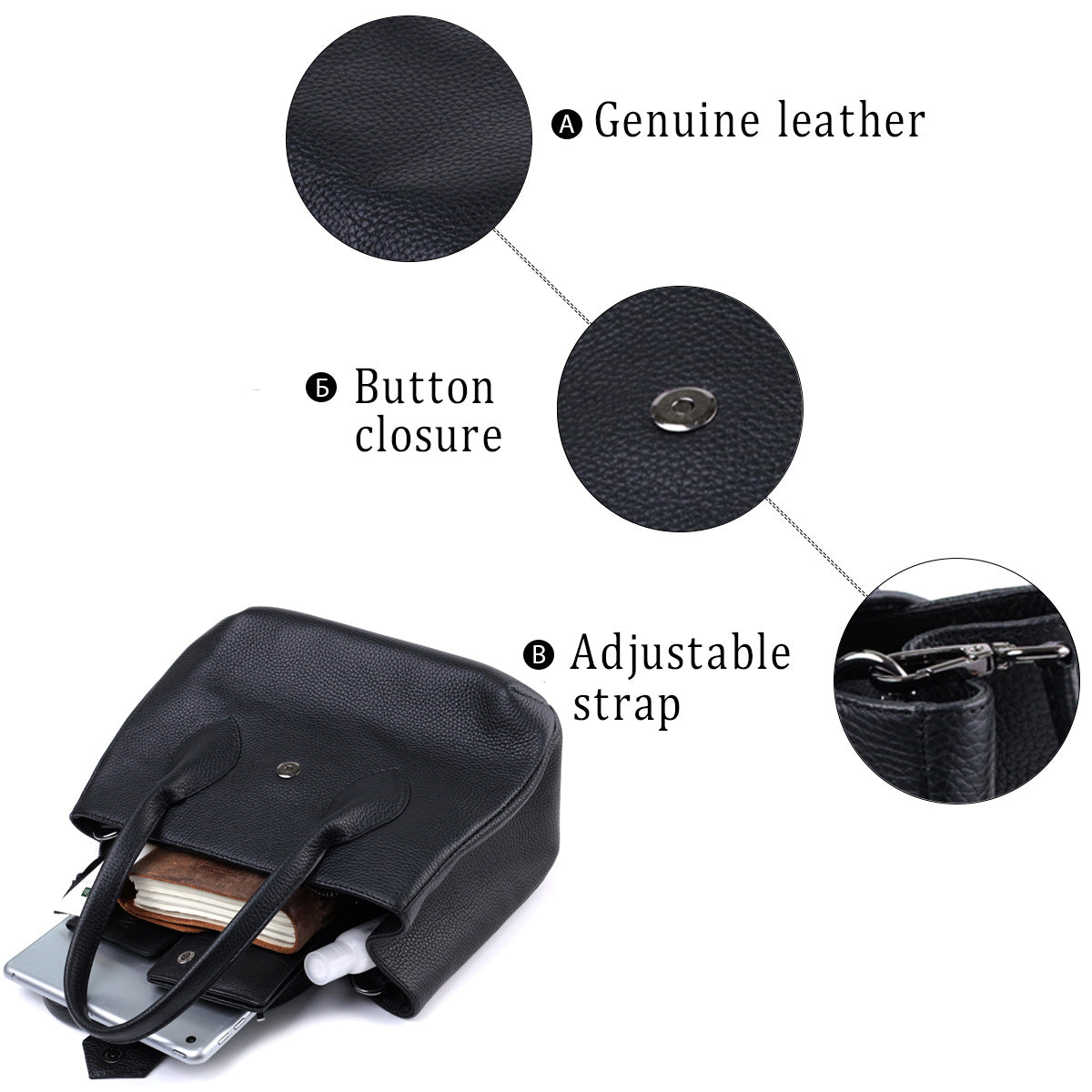 Leather Handbag by SHVIGEL 22829 - Elegant Black Design with Two Handles from Ukraine