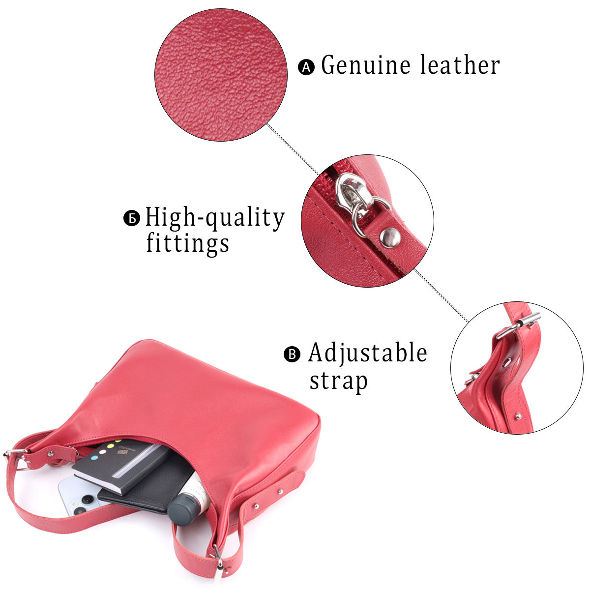 Bright Leather Baguette Bag with Adjustable Strap SHVIGEL 22832 Red, Made in Ukraine