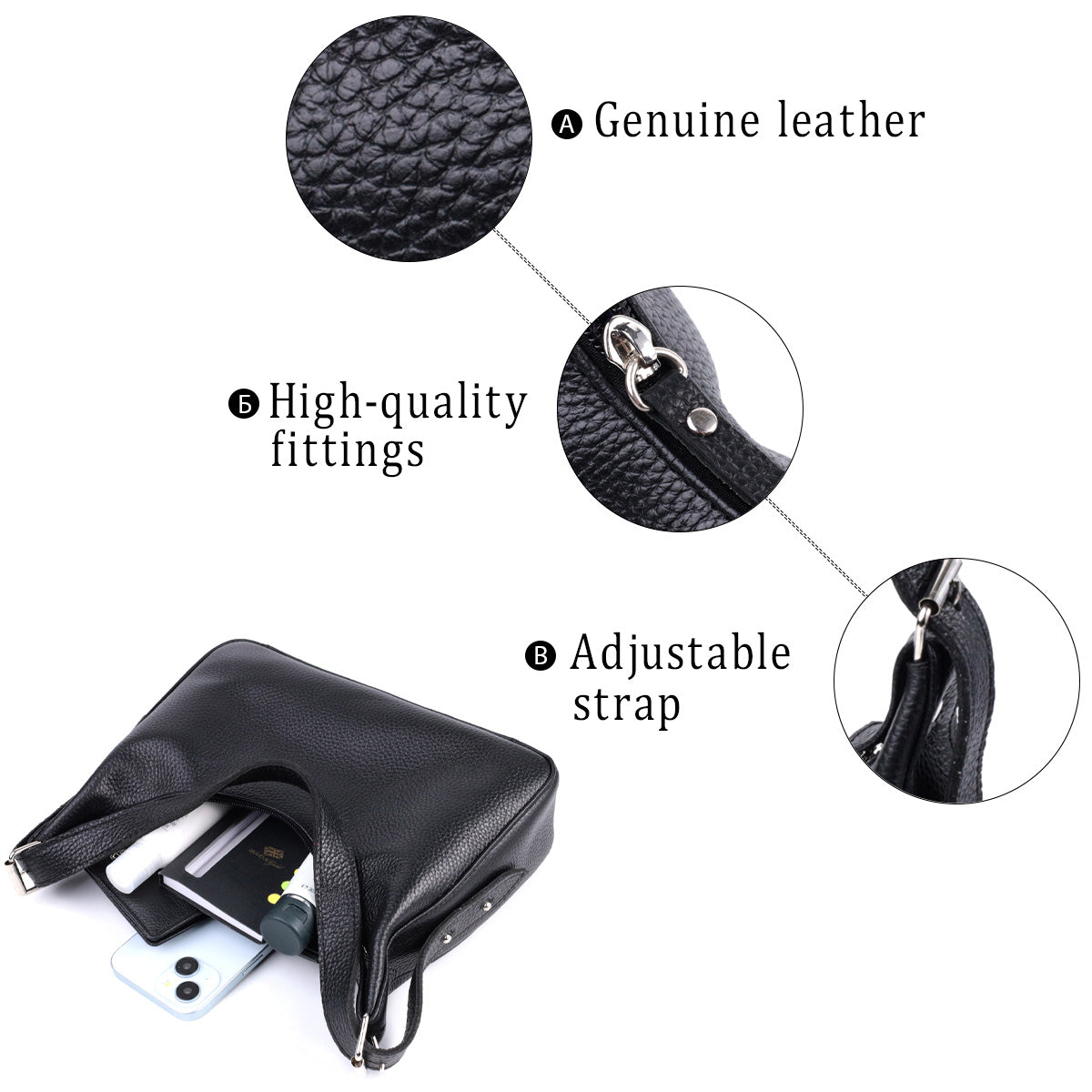 Baguette Bag SHVIGEL 22833 Black Grainy Genuine Leather with Adjustable Strap