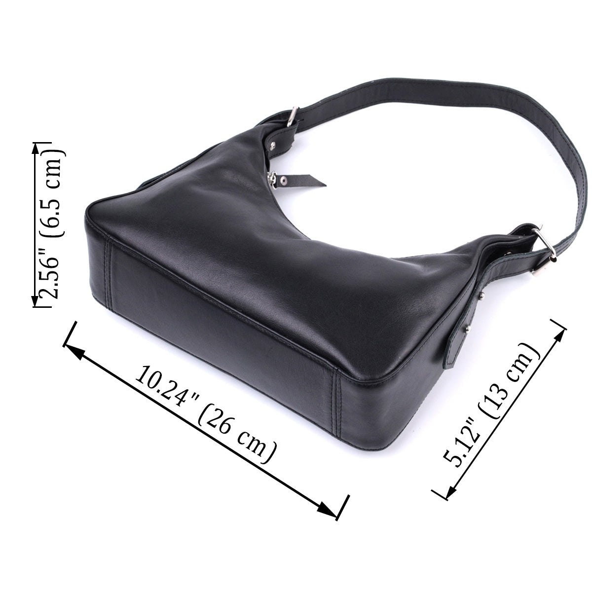 SHVIGEL Women's Baguette Bag with Adjustable Strap, Smooth Natural Leather, Black, Model 22834