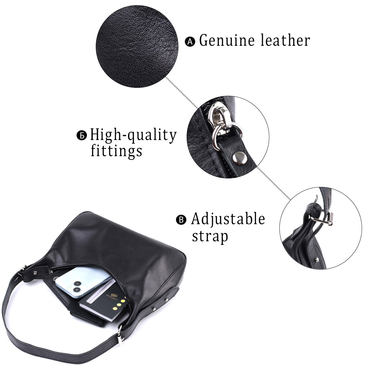 SHVIGEL Women's Baguette Bag with Adjustable Strap, Smooth Natural Leather, Black, Model 22834