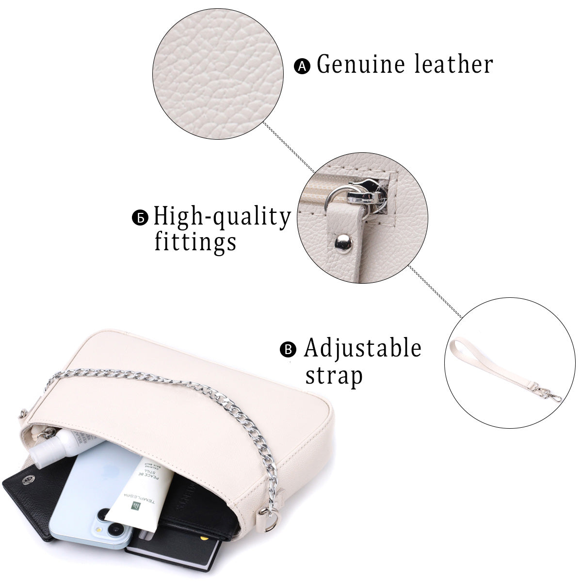 Baguette Bag SHVIGEL 22835 Beige with Chain and Removable Strap Made of Genuine Leather