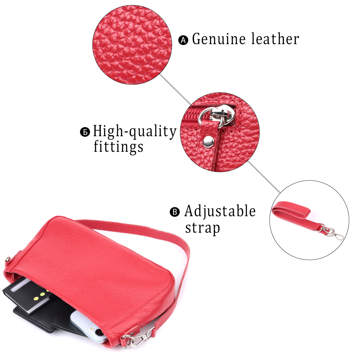 Bright Baguette Bag with Chain and Detachable Strap, SHVIGEL 22836, Red, Natural Leather