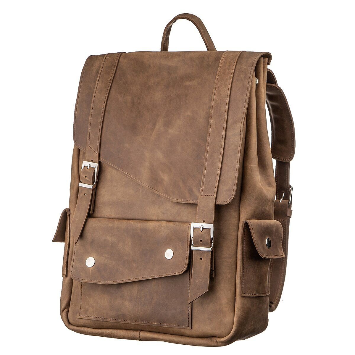 Vintage Effect Backpack SHVIGEL 13947 Brown Natural Leather Handmade in Ukraine