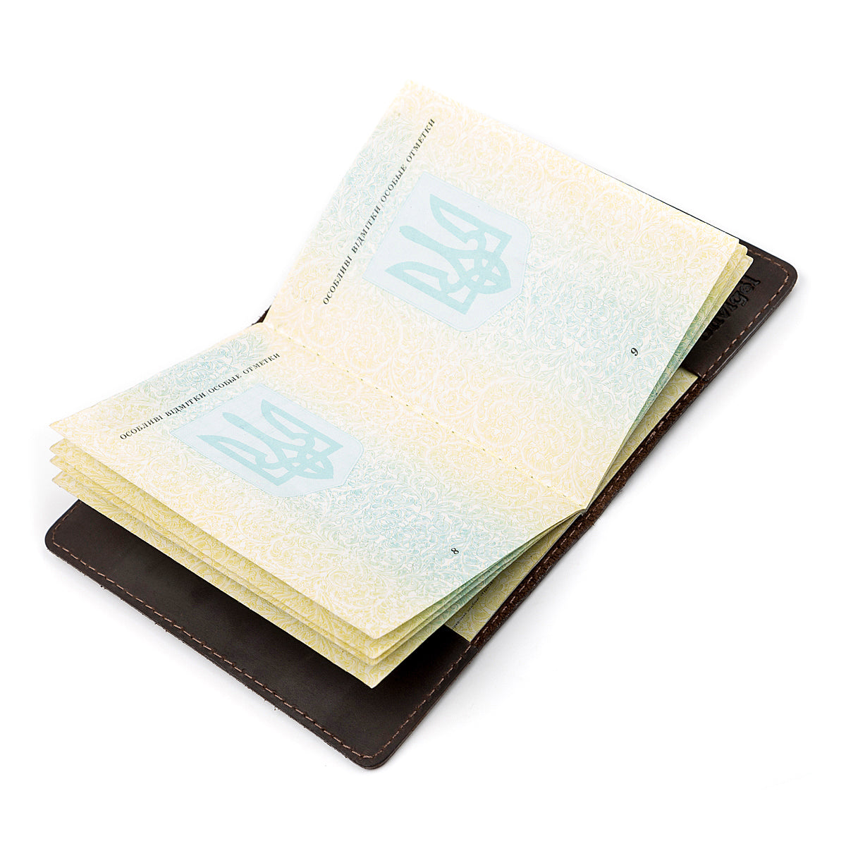 Leather Passport Cover SHVIGEL 13918 Brown Natural Leather Ukrainian Design Features