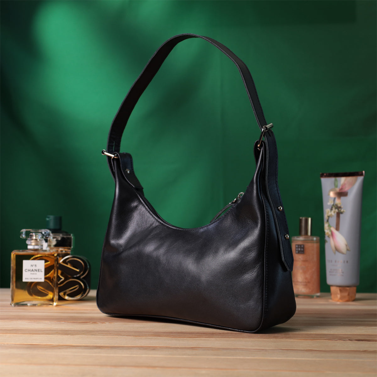 SHVIGEL Women's Baguette Bag with Adjustable Strap, Smooth Natural Leather, Black, Model 22834