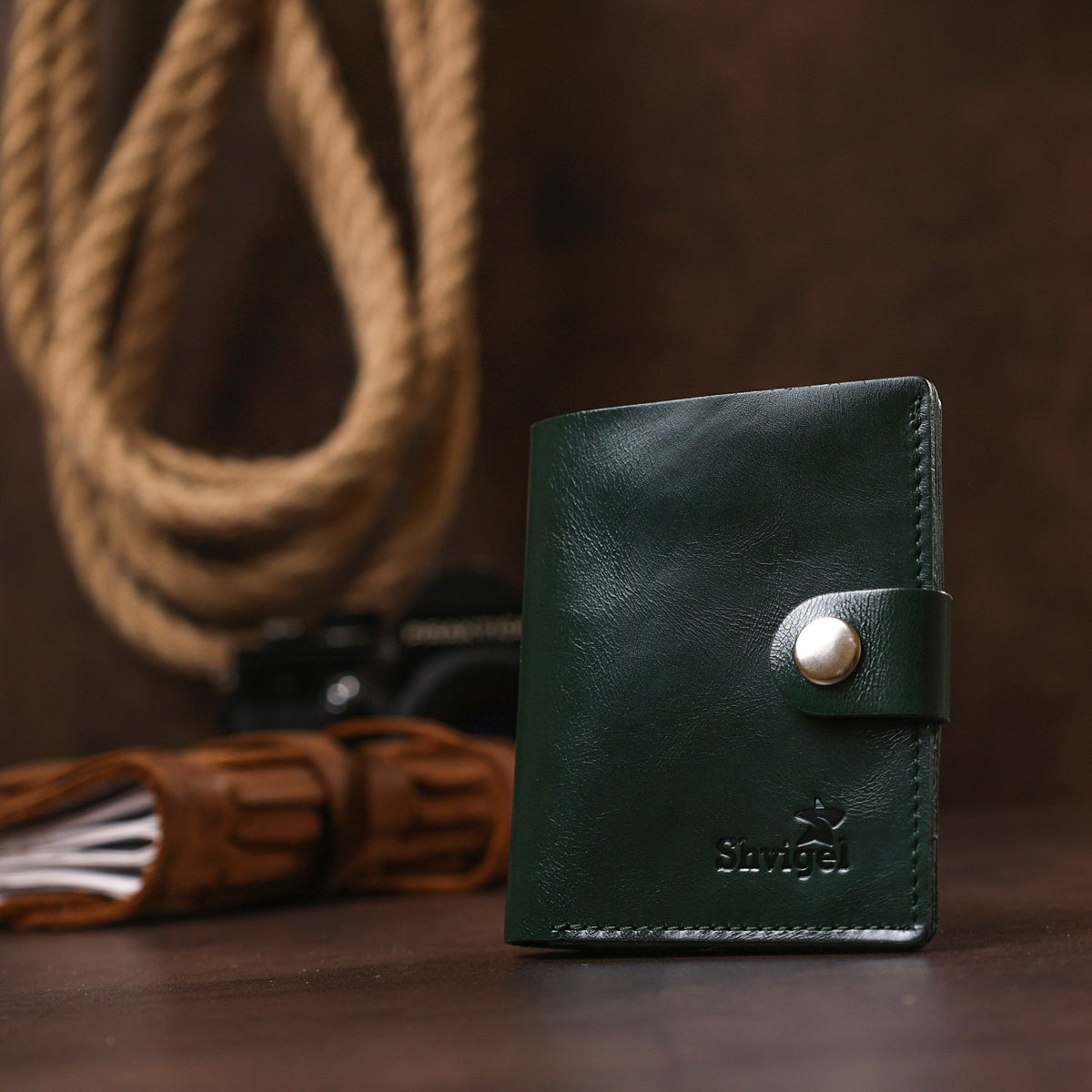 Practical SHVIGEL Leather Wallet 16504 Green - Natural Leather, Made in Ukraine