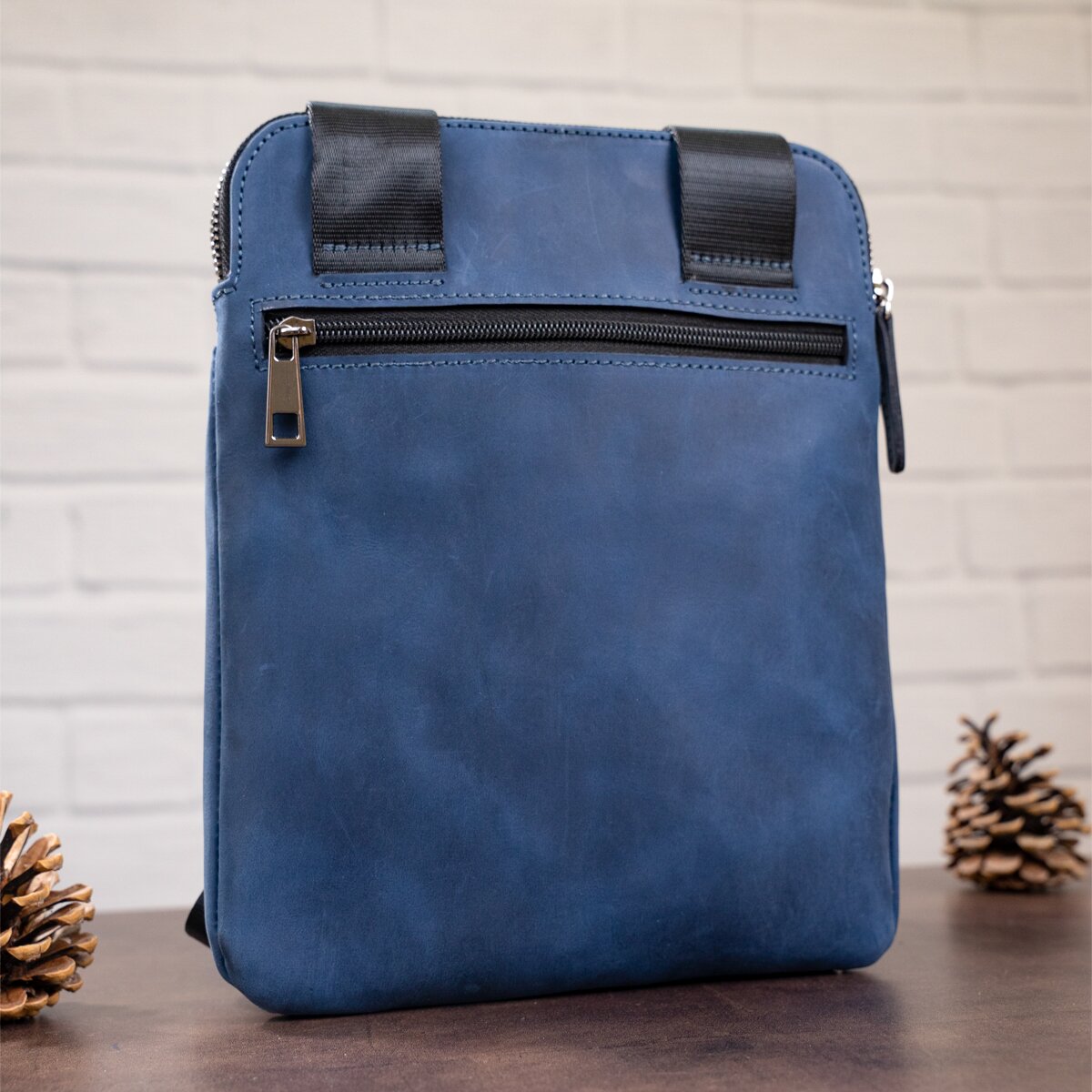 Stylish Men's Vintage Leather Messenger Bag SHVIGEL 11179 Blue, Made in Ukraine, High Quality Genuine Leather