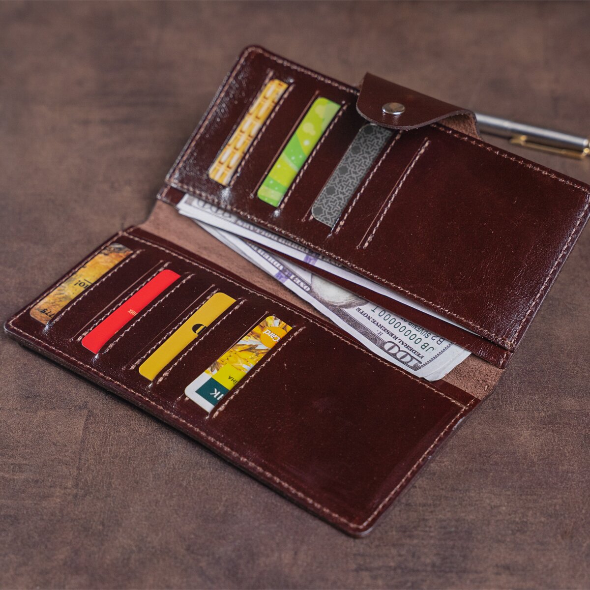 Vertical Wallet SHVIGEL 16171 Brown Alcor Leather with Snap Closure, Ukraine Made