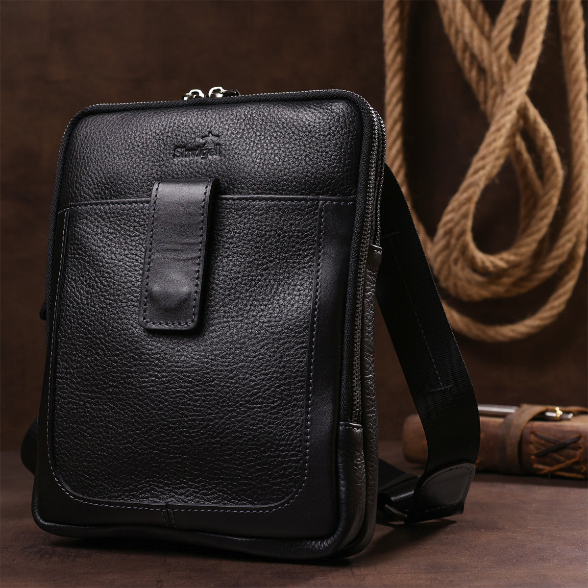 Men's Leather Satchel Bag SHVIGEL 11283 Black, Two Compartment Flotar Design