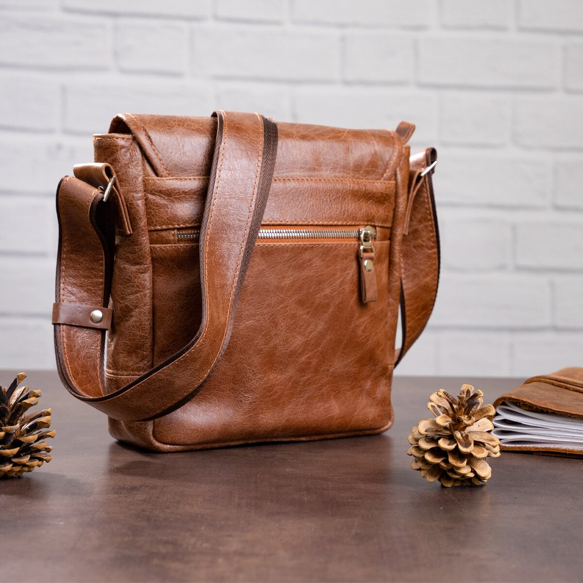 Leather Bag SHVIGEL 00918 Brown Genuine Cowhide Handmade in Ukraine