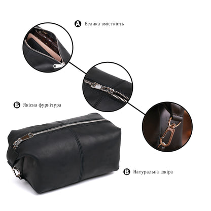 Stylish Vintage Cosmetic Bag SHVIGEL 16397 Black Natural Leather Made in Ukraine