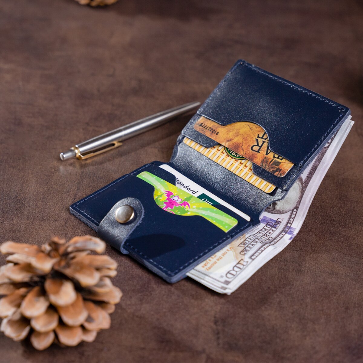 Vertical Men's Leather Wallet SHVIGEL 16220 Blue Natural Leather Made in Ukraine