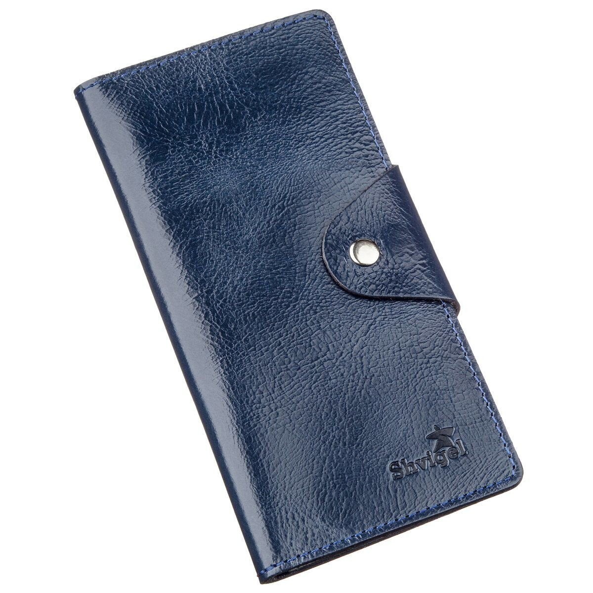 Unisex Leather Wallet SHVIGEL 16170 Blue Alcor with Buttons - Genuine Leather from Ukraine