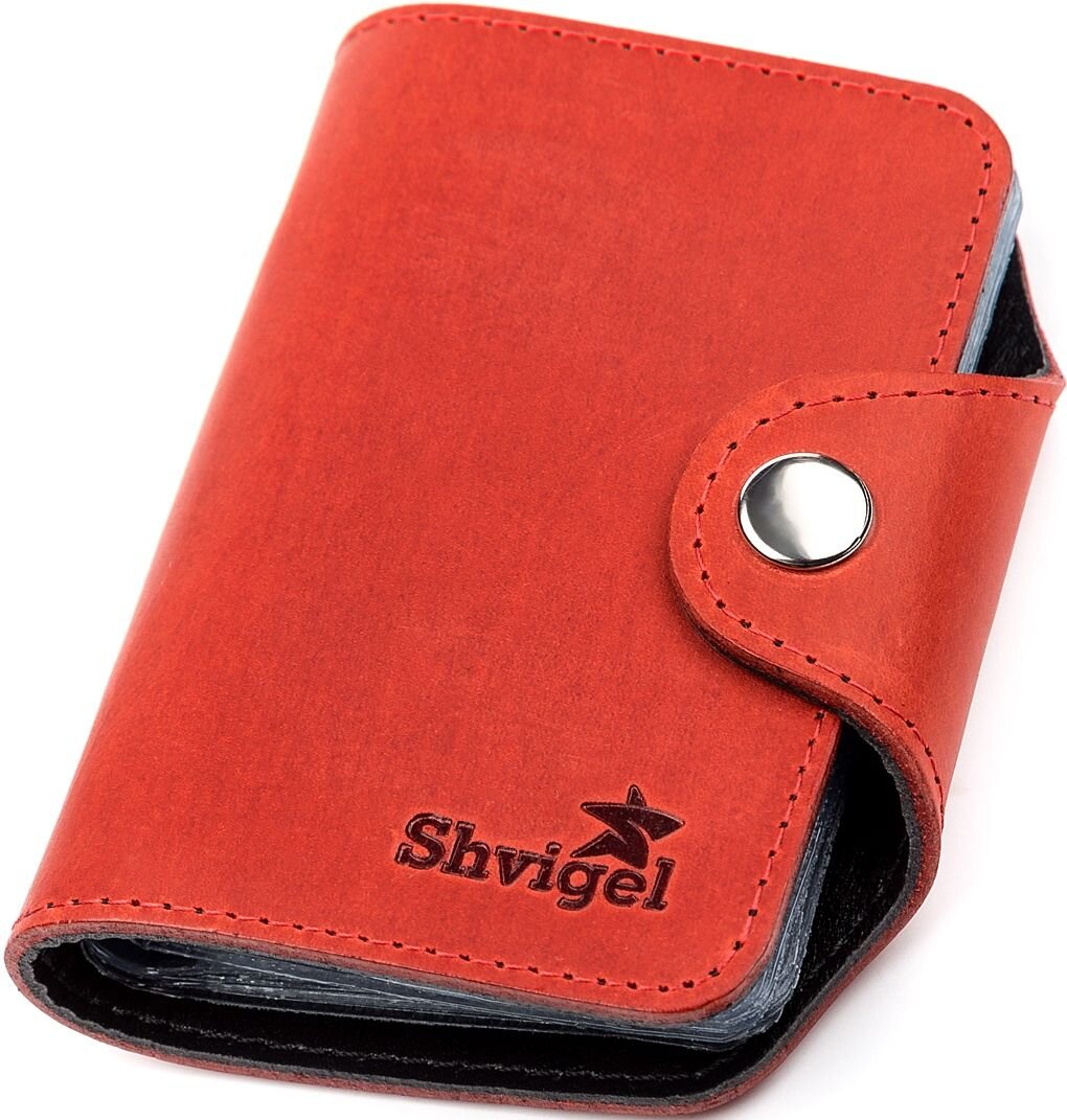 Vertical Business Card Holder SHVIGEL 13910 Red Genuine Leather for Business Cards