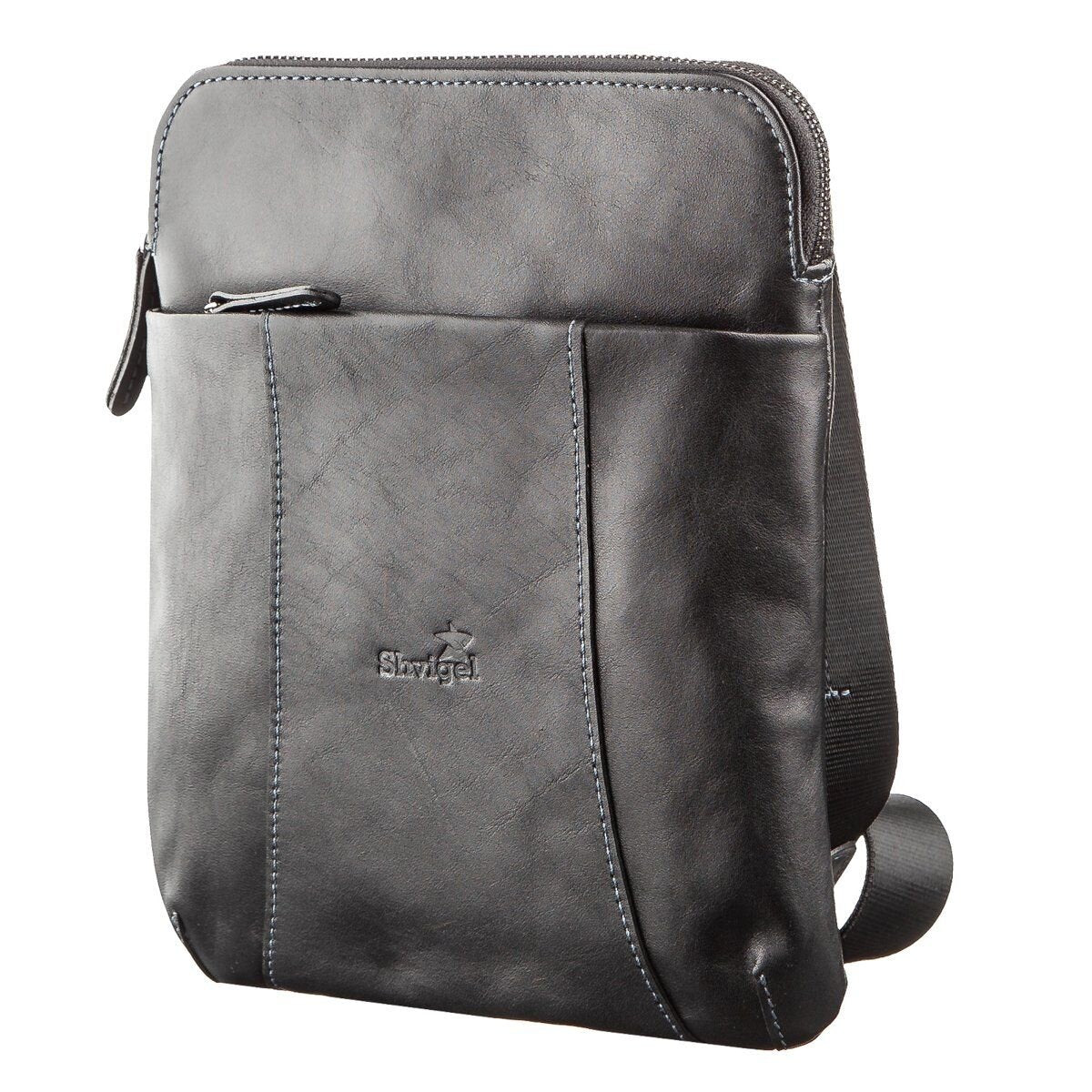 Vertical Men's Messenger Bag SHVIGEL 11177 Vintage Leather Black, Natural Material