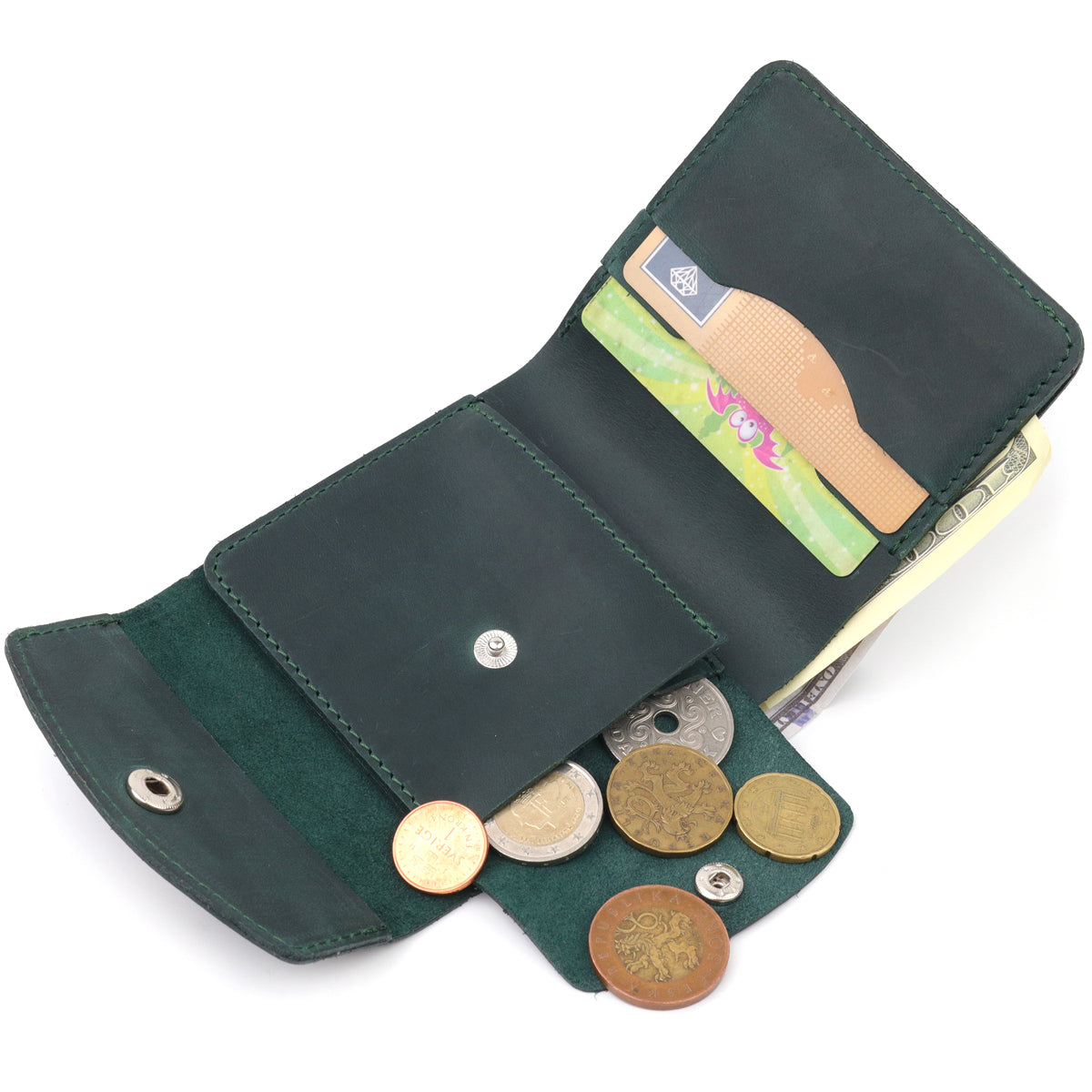 Vintage Leather Wallet SHVIGEL 16615 Green Made in Ukraine, Genuine Leather